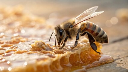 Honey Bee Collecting Nectar on Honeycomb &ndash; Macro Close-Up Photography