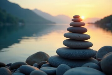 Serene Sunset Stones Stacked by Calm Water at Dawn Reflecting Peace and Tranquility