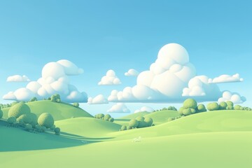 A 3d render peaceful and bright illustration of rolling green hills and clouds