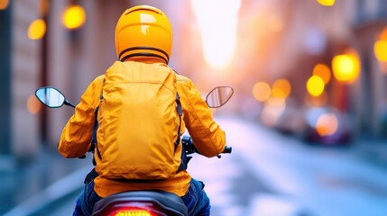 Young man commuting on motorcycle taxi through vibrant city streets at dawn