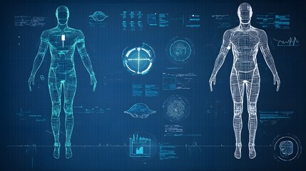 A futuristic blueprint scan of a human figure integrating biometric data and digital HUD elements  The image showcases a high tech analytical visualization of the human body with a clean