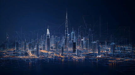 Abstract Cityscape Displaying Illuminated Skyscrapers And Digital Network Lines Against Dark Blue Background