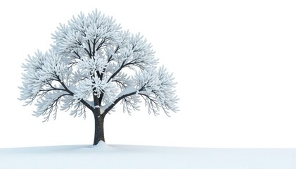 Snow-covered tree with branches isolated on white background, natural, solitude