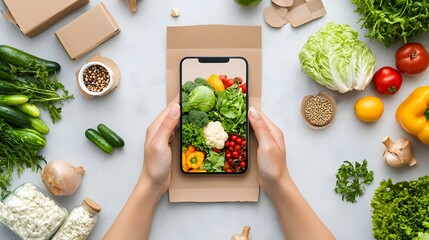 capture of a smartphone showcasing a digital grocery delivery service with produce images  The screen layout highlights the convenience and health conscious offerings of this online shopping platform