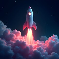 A futuristic cyberpunk-inspired scene depicting a powerful rocket lifting off amidst thick clouds of smoke, set against a surreal alien terrain.
