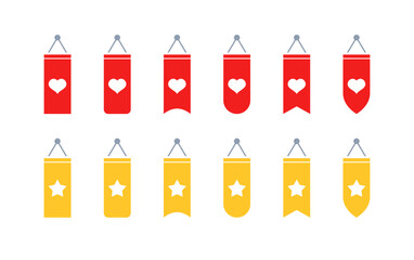 Set of red and yellow hanging banners with hearts and stars on white background. Vector icon