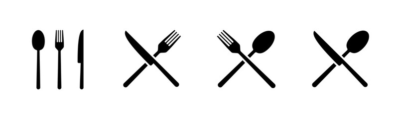 Set of black cutlery icons: fork, knife, spoon in various arrangements. Vector icon