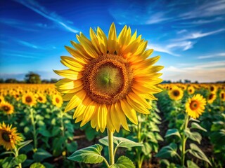 Fototapeta premium Lone sunflower bravely stands in a vast rural field, under a boundless blue sky.