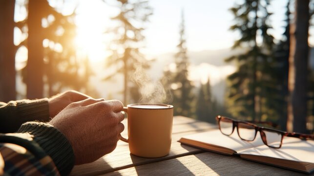 Cozy morning retreat in a rustic cabin with a forest view