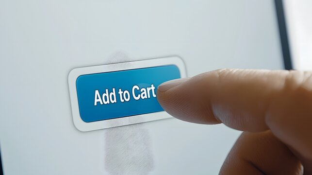 Close up view of a human finger tapping or clicking the  Add to Cart  button on a smartphone screen representing the digital shopping experience and e commerce purchasing process
