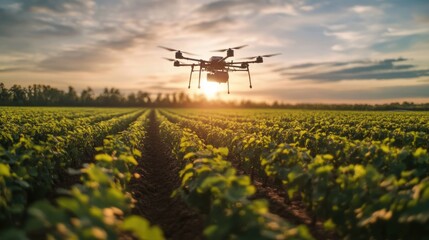 Drone technology in agriculture, Sunset over a field with a drone.