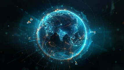 Futuristic digital globe of Earth with glowing data points network connections on a dark background. Worldwide links on planet earth at night. Concept of World communication technology. 3d animation - Powered by Adobe