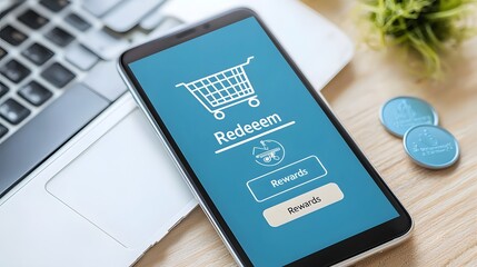 Close up view of a smartphone screen displaying a customer s loyalty points balance along with a prominent  Redeem Rewards  button