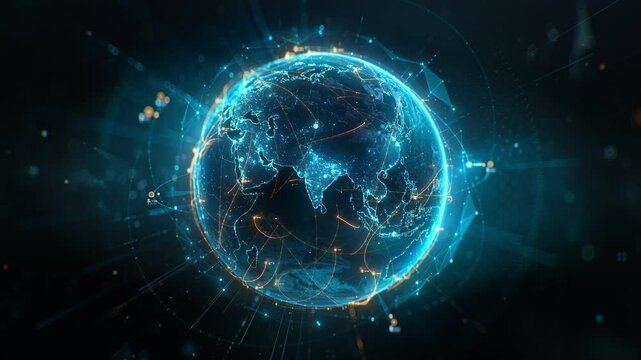 Futuristic digital globe of Earth with glowing data points network connections on a dark background. Worldwide links on planet earth at night. Concept of World communication technology. 3d animation - Powered by Adobe