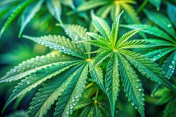 Fototapeta premium Lush green macro hemp leaves, vibrant cannabis foliage detail. Close-up bush photography.