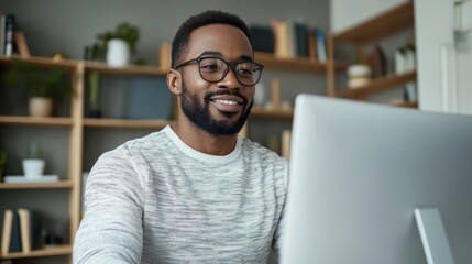 Young black man immersed in work at late-night office environment