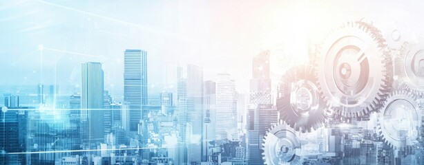 Fototapeta premium Cogwheels and gears mechanism on blurred city background. Engineering and technology industrial concept. Double exposure