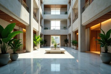 Serene Modern Atrium Sunlight Illuminates a Luxurious Lobby with Minimalist Design and Tranquil Greenery