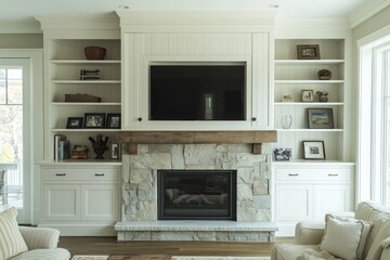 Modern farmhouse living room with fireplace and built-in entertainment center.