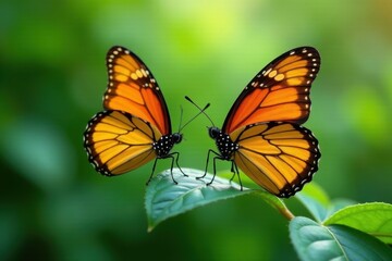 Fototapeta premium A Pair of Vibrant Orange Butterflies Gracefully Perched on a Lush Green Leaf in a Serene Natural Setting