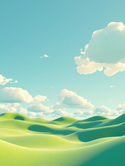 The image shows grassy hills beneath a bright blue sky