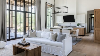 Modern farmhouse living room with large windows, white sofa, and wooden accents.