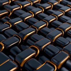 Fototapeta premium A close-up view of a textured surface featuring interlocking black and gold elements, creating a modern, sleek design.