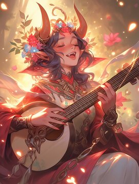 Tiefling Bard Singing in Magical Forest