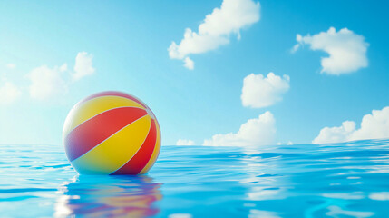 Colorful beach ball floating on the water against blue sky with clouds