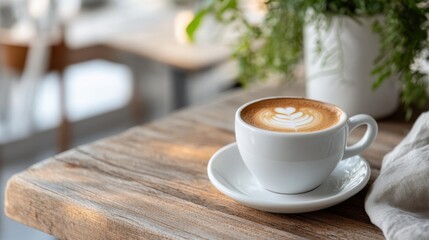 Obraz premium Enjoying a Warm Cup of Coffee on a Rustic Wooden Table