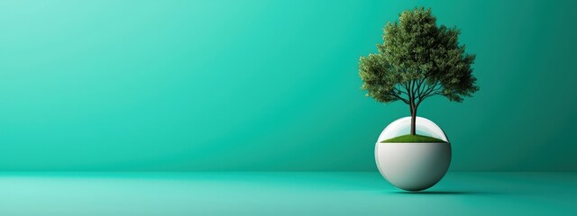 Green Tree on Sphere in Bright Minimalist Background Design