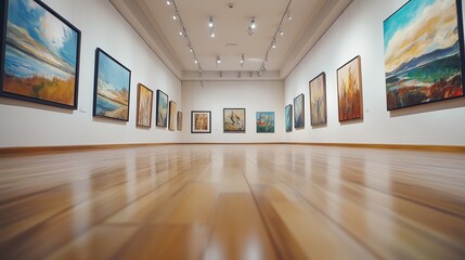 An empty room with paintings on the wall. Paintings in the art gallery. Minimalist wall with white walls. A vacant room adorned with artwork lifestyle on the walls.