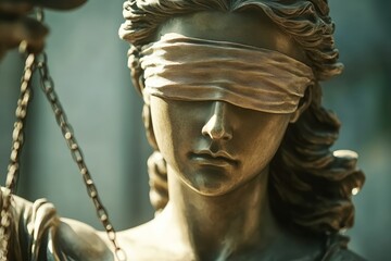A detailed view of Lady Justice, blindfolded and holding her scales, represents the ideals of justice and equality. The texture and craftsmanship highlight her significance in legal symbolism