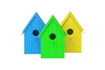 Colorful birdhouses isolated on white background. Wild bird care. 3d render