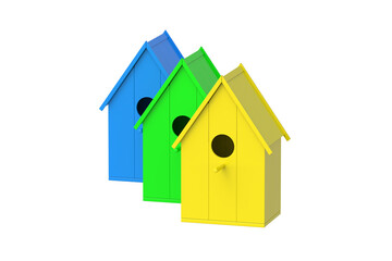Fototapeta premium Row of birdhouses isolated on white background. Wild bird care. 3d render