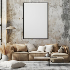 A blank framed artwork on the wall of minimalist living room