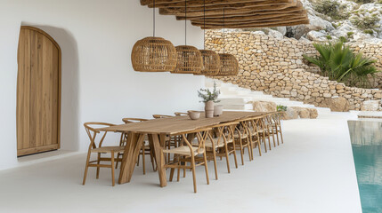 spacious outdoor dining area featuring long wooden table, surrounded by chairs, with woven pendant lights above. serene setting includes pool and