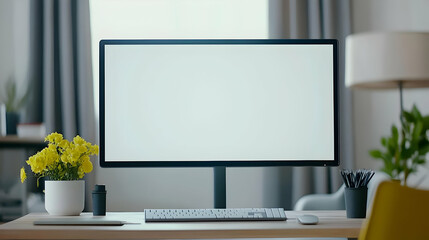 Minimalist Office Desktop Setup Featuring Computer Screen with White Background and Yellow Flower Pot