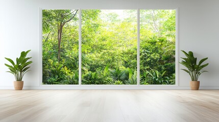 Bright and Lively Green View Through Large Windows in Modern Room