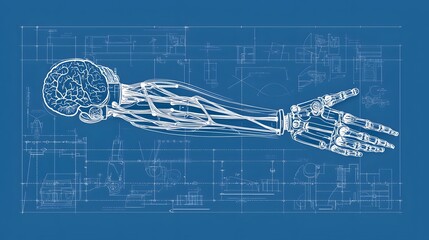 Detailed technical schematic blueprint of a futuristic robotic arm with human like bone and muscle structures showcasing the intricate engineering and design behind advanced cybernetic technology