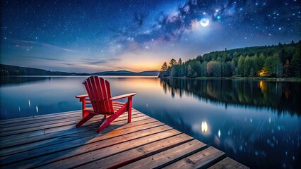 Naklejka premium Red Muskoka chair silhouettes a stunning lake cottage, bathed in night's serene glow.