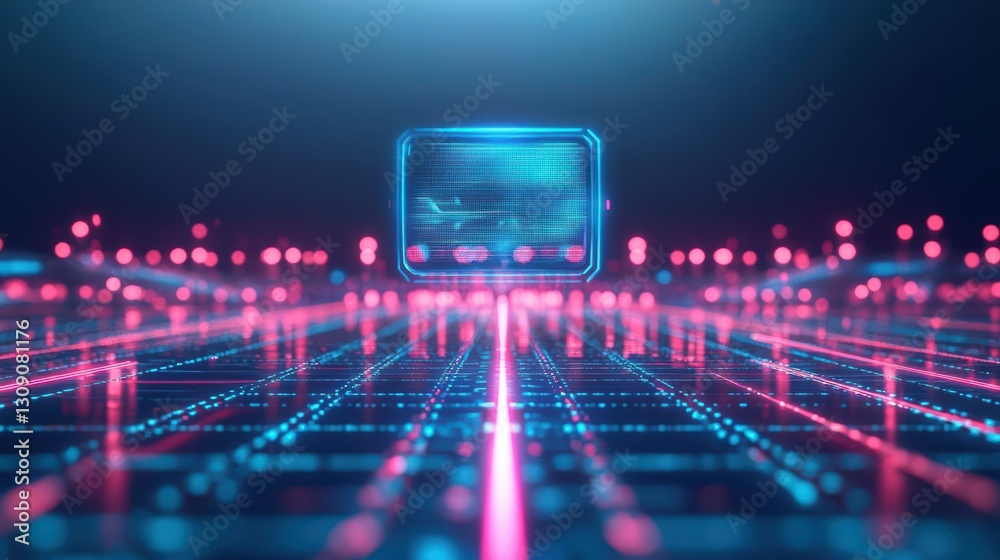 Poster futuristic computer processor illuminated by vibrant blue and red lights set against a dark backgrou