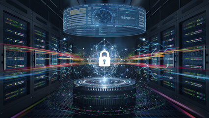 A futuristic scene of a quantum computer emitting a digital security field, ensuring ultra-secure data encryption for the future of business. 