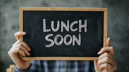 A person holds a chalkboard sign that reads "LUNCH SOON," indicating that a meal is approaching.