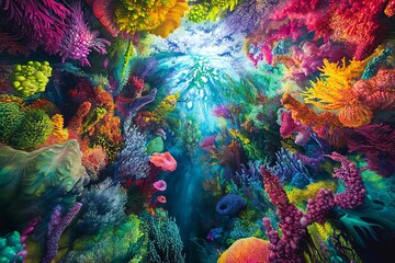 Fototapeta premium Worms-eye view of a vibrant fantasy world, lush foliage overhead, intricate details of flora, surreal lighting