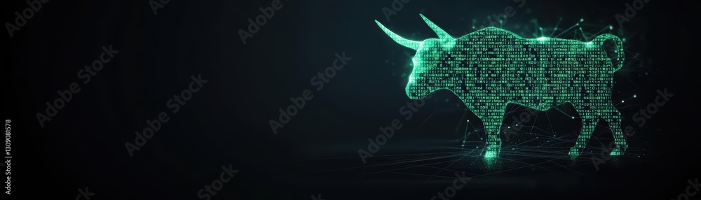 Poster a striking bull adorned with intricate binary code patterns symbolizing the fusion of nature and tec