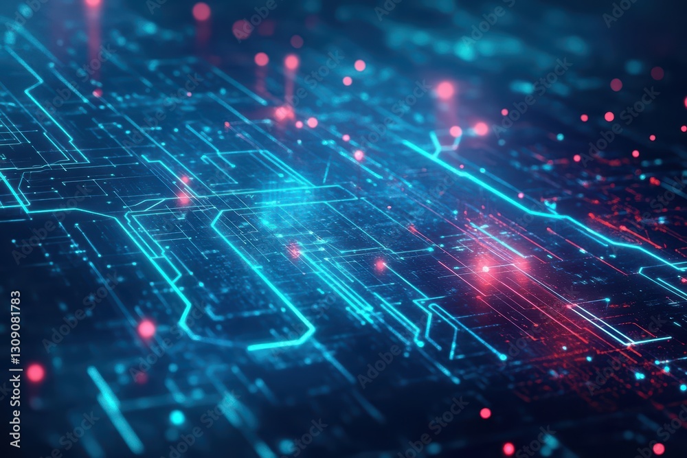 Poster intricate circuit board design featuring glowing blue and red lights creating a futuristic and techn