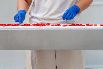Quality control employee checking gummy hearts production at the candy factory