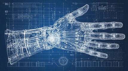 Highly detailed blueprint schematic of a futuristic technologically advanced robotic human hand with intricate mechanical articulation and complex sensor networks