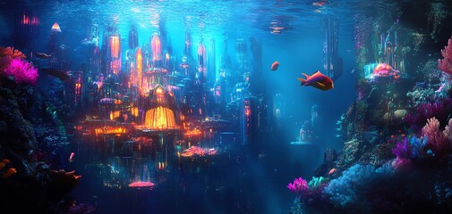 Fototapeta premium Worms-eye view of submerged utopian city, luminous structures glowing under water, vibrant marine life, dreamlike atmosphere, surreal colors
